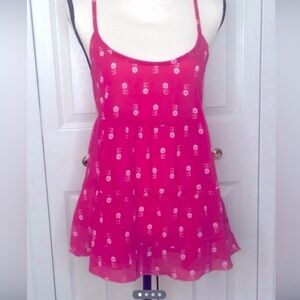 Abercrombie Y2K Babydoll Sheer Cami Top Pink with White Floral Design Sleeveless